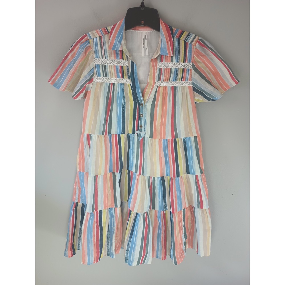 Anthropologie Women's Georgina Dress Size XS Tiered Cotton Striped‎ Button